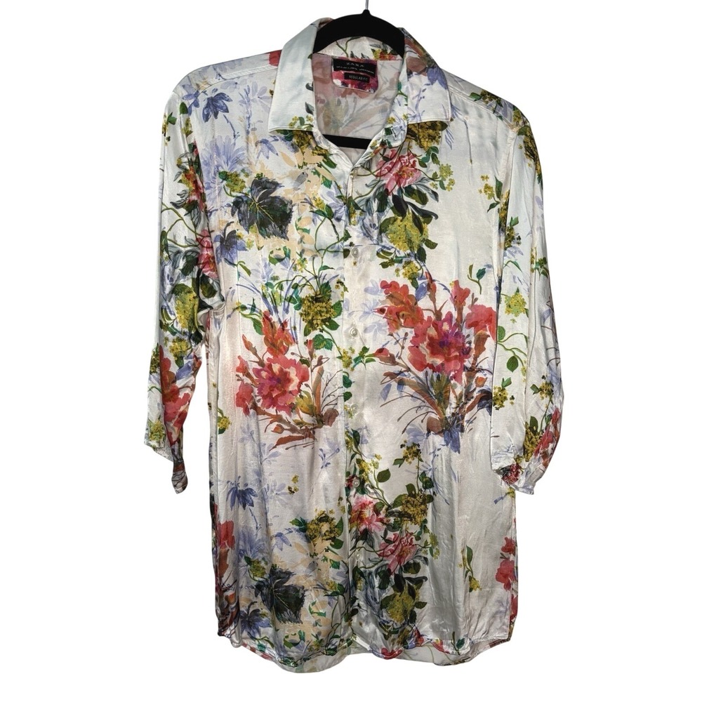 Zara‎ White Floral Satin Button Up Shirt Womens M Resortwear Vacation